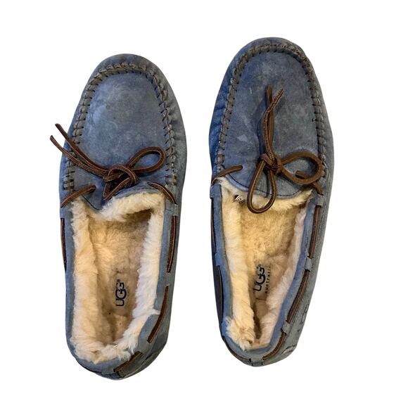 UGG Womens 8 Dakota Suede Sheep wool Moccasins Slippers Sheepskin Shoes Blue - Picture 1 of 15